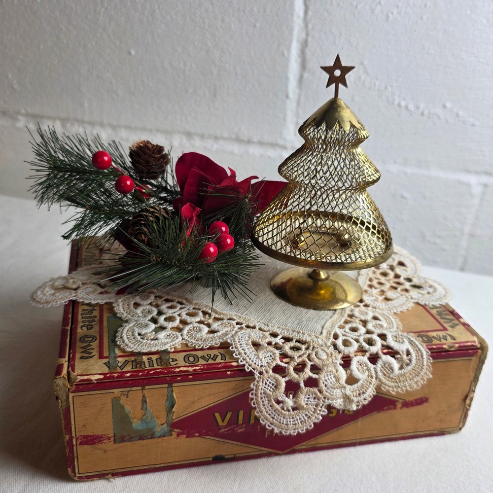 Vintage Gold Wire Mesh Christmas Tree Candle Holder Star Topper MCM